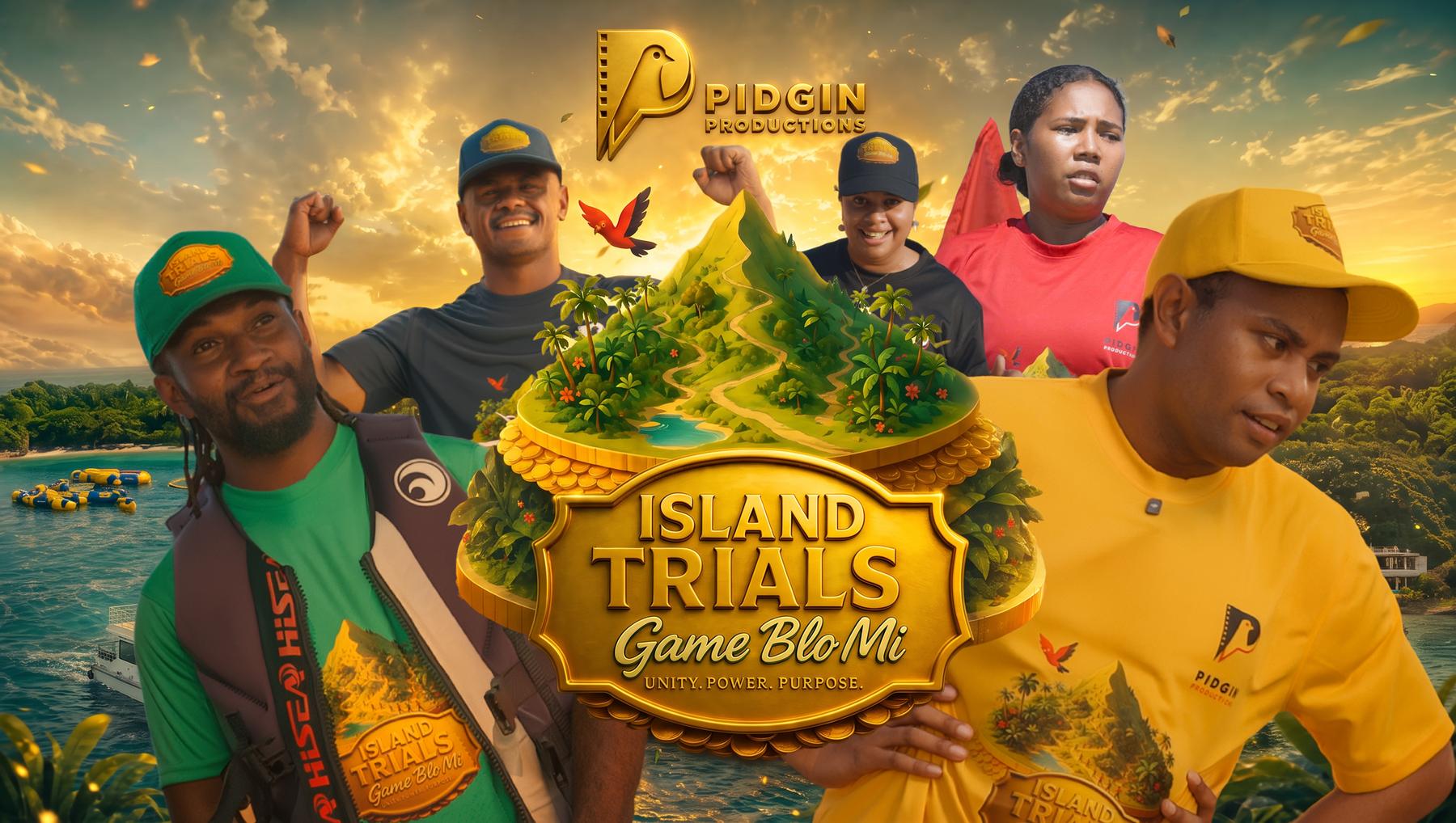 Island Trials key art: five Papua New Guinean players in team colours around the golden Island Trials badge at sunset.
