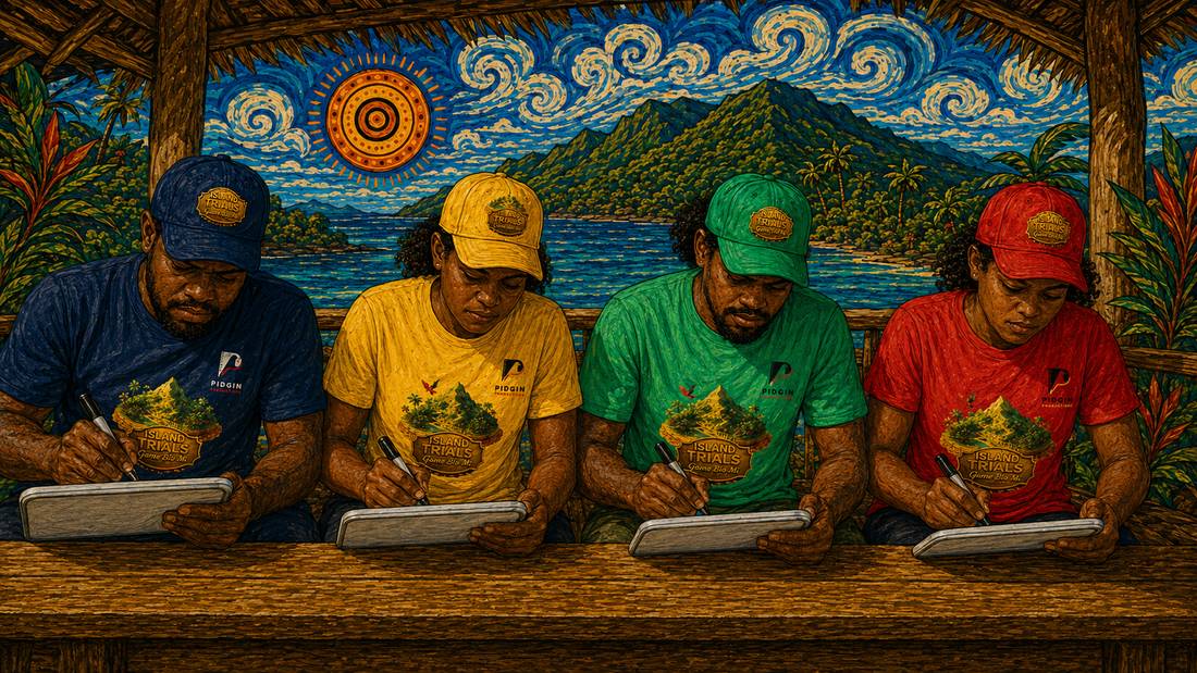 Players hunched over a wooden puzzle of the Island Trials logo.