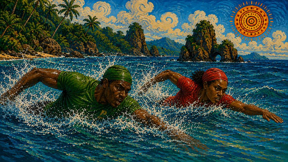 Two swimmers racing through blue water past a rocky headland.