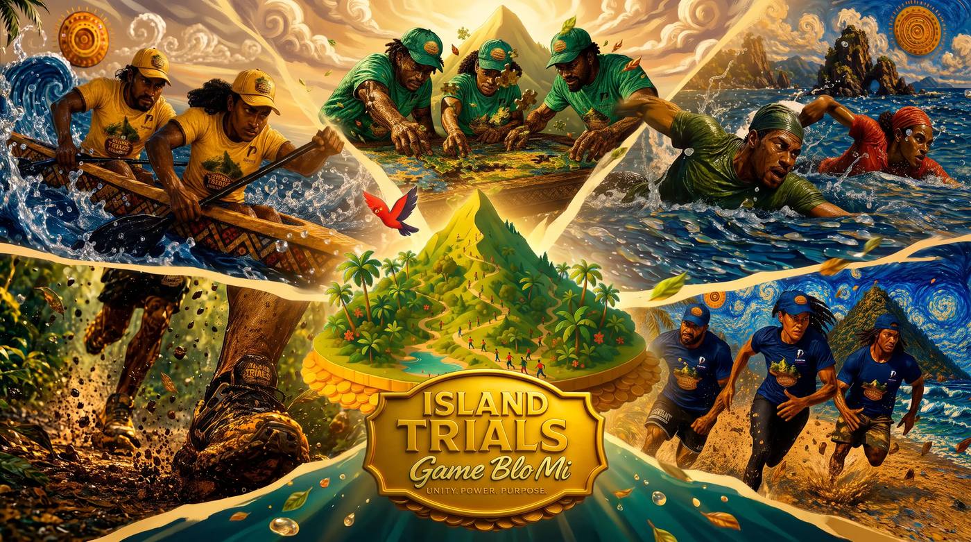 Island Trials teaser artwork: paddlers, runners, swimmers and the golden island badge.